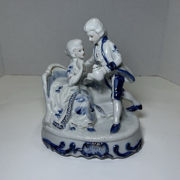Vintage Porcelain Colonial/Victorian Figures Tea Party Couple Blue/White - Picture 5 of 6